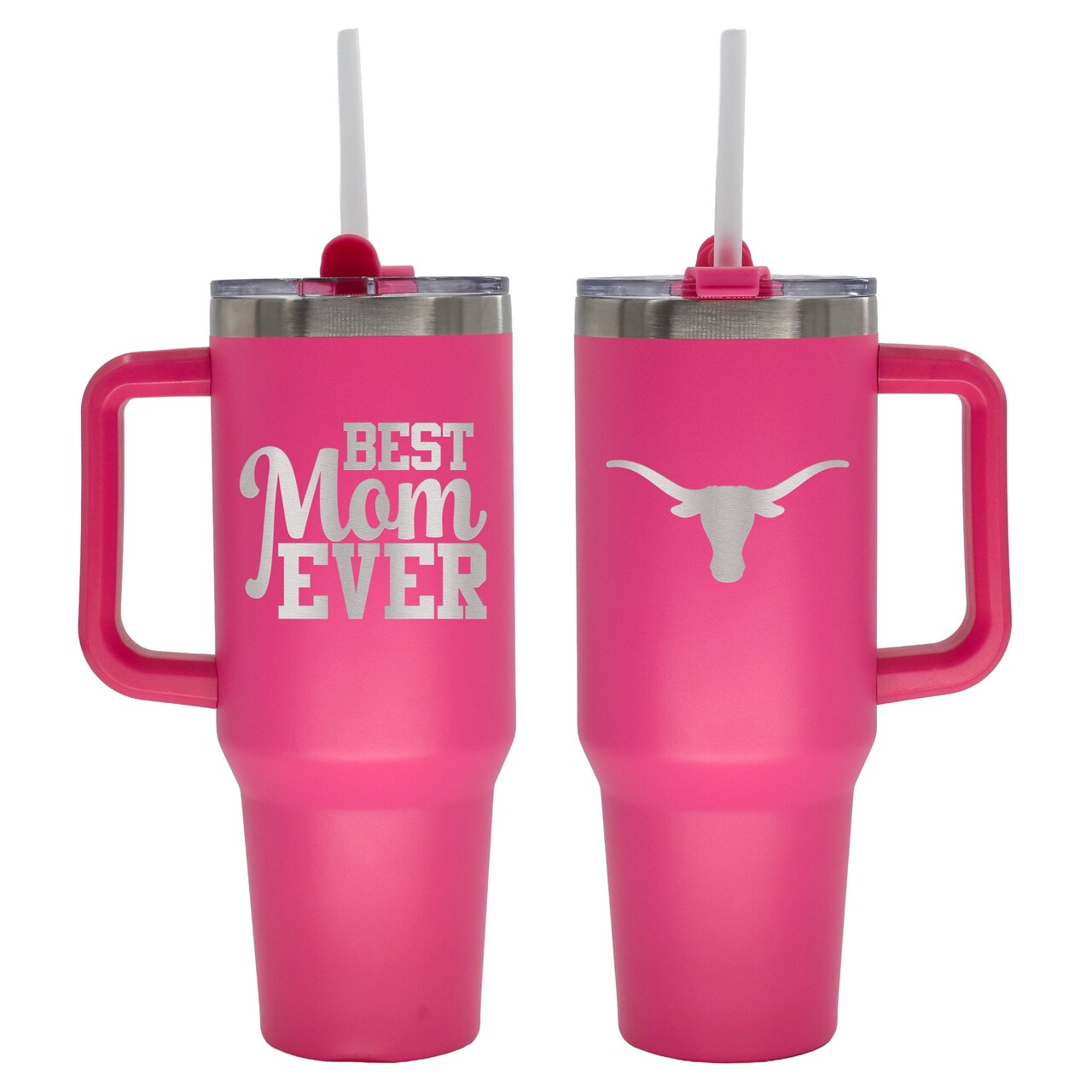 40oz Pink Stainless Steel Colossal Tumbler, Etched, Best Mom Ever Design, University of Texas